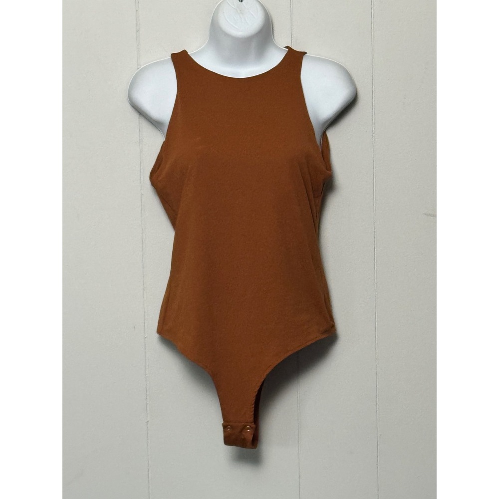 REORIA Womens Brown Sleeveless Racerback Bodysuit Double Lined Thong Bottom Sz M